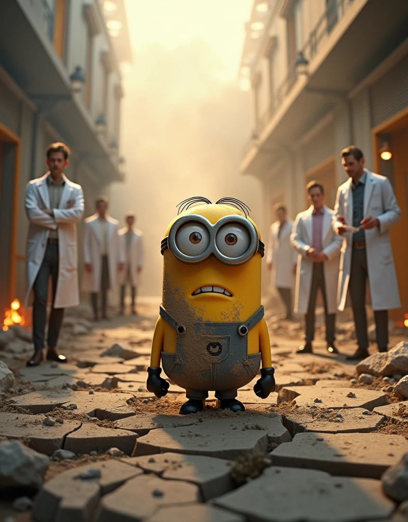 A ruined laboratory with scientists looking on, with smoke and small fires rising from the debris. Minion scientist Kevin emerges from the explosion, with a determined face and dust on his body, safe from the center of the explosion. The ground around Kevin cracked., but he still stood firm.
Is kenvin understand?