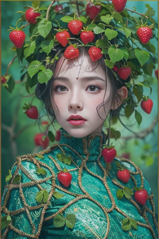 1girl in, surrealism, Verism, Anatomically correct, Textured pale skin, tree vines all over her face, little green leaves, tiny strawberries, master piece, high details, award winning, hight resolution, 8K, Unevenness of the skin,30yr old, blue background