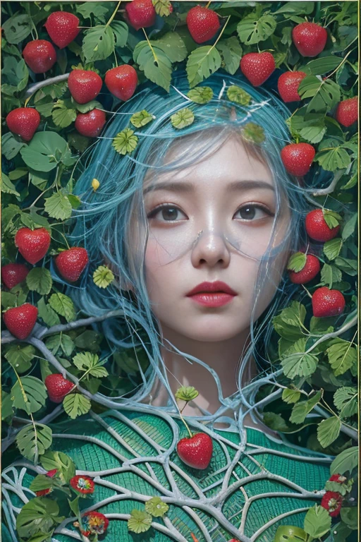 1girl in, surrealism, Verism, Anatomically correct, Textured pale skin, tree vines all over her face, little green leaves, tiny strawberries, master piece, high details, award winning, hight resolution, 8K, Unevenness of the skin,30yr old, blue background