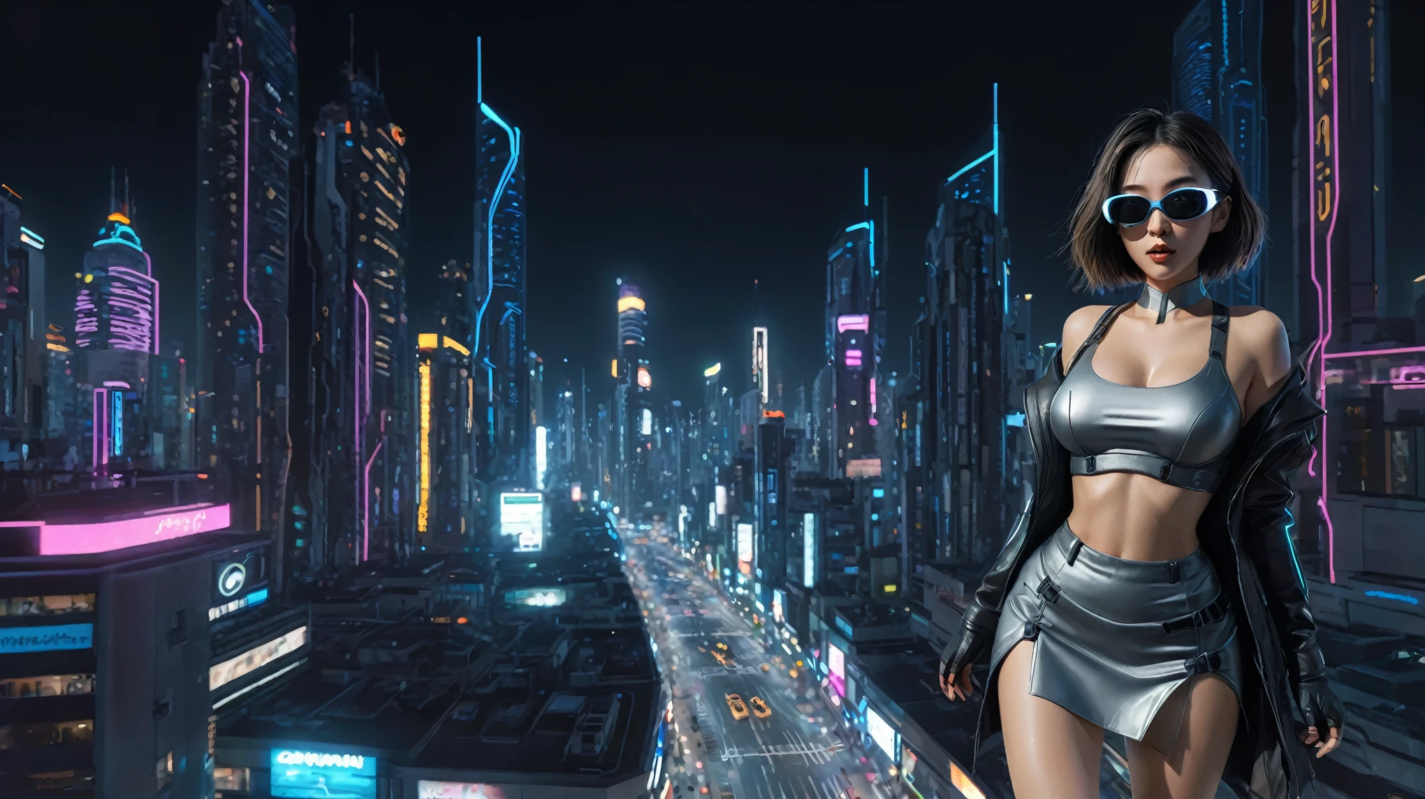 (Wide angle aerial view). At night, simple outlined cyberpunk city, flying cars, line art background. At night, (1girl, solo, alone), photorealistic, large-breast slim:0.6 body, oval:0.5 face, cleavage:1.1, miniskirt, deep-v, (upskirt), glove, (Matrix style black micro sunglasses), (aiming viewer with a short gun), dynamic running pose, (half-body thigh level close-up shot), cinematic lighting, ray tracing, motion blur background.