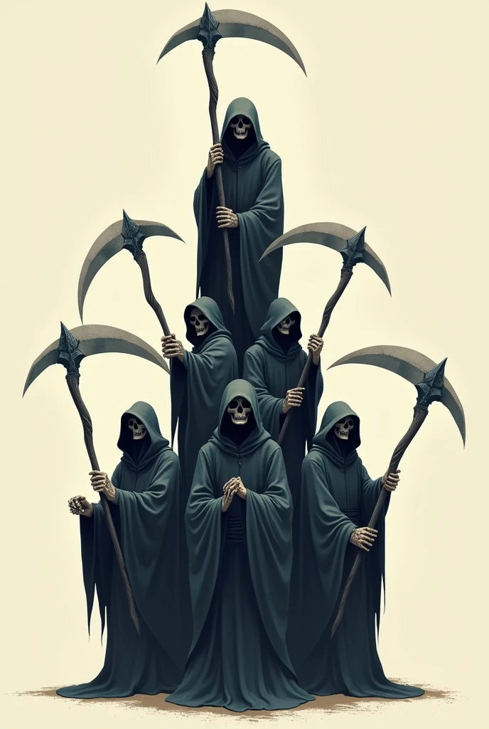 Eight reapers in 2D mode without background, each one stacking a sickle