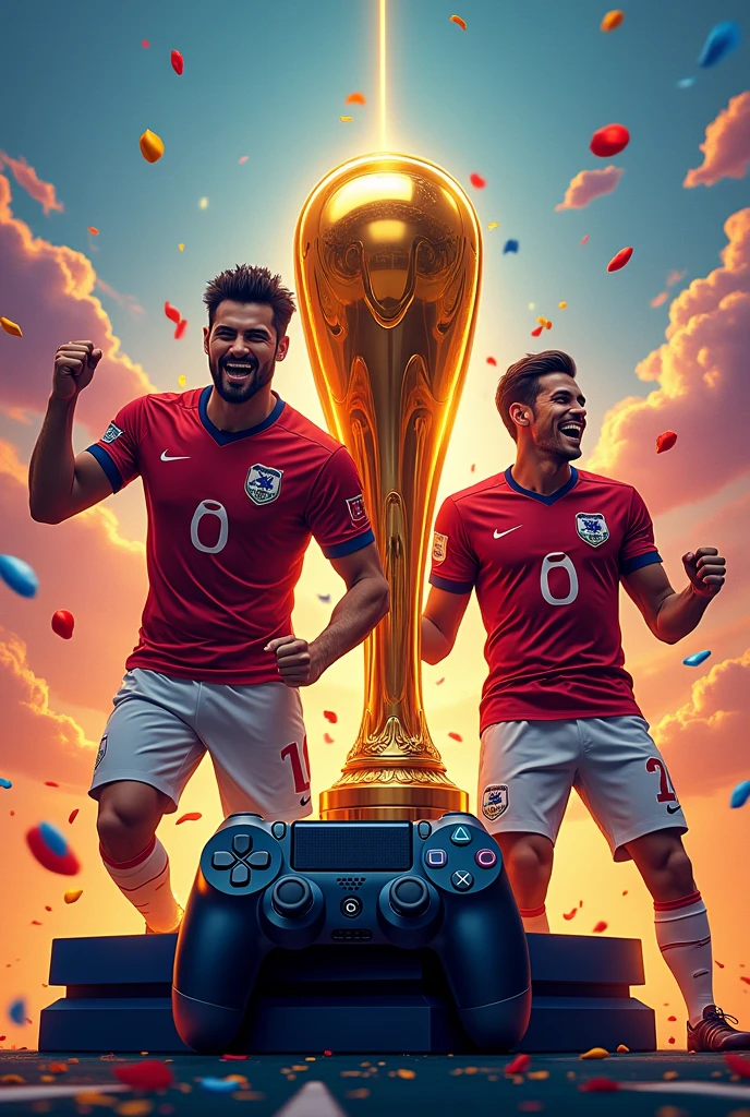 Create a banner saying Kakaroto X Barbosa final Eurocopa and football 2024 a PS4 controller and a golden cup