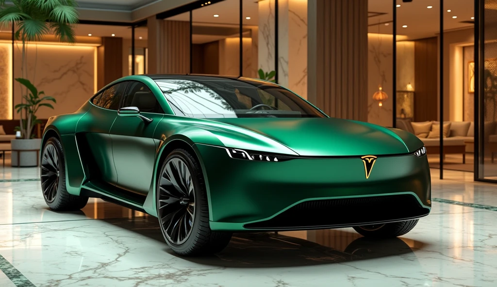 A stunning view of the New 2025 Tesla Cybertruck in a deep dark green color, parked in a luxurious showroom. The vehicle’s futuristic and bold design is accentuated by its sharp lines and unique geometric shape. The Ford Tesla logo is prominently displayed on the front, symbolizing a blend of cutting-edge innovation and legacy. The glossy green finish reflects the refined showroom lighting, enhancing the Cybertruck’s sleek appearance. The showroom features polished marble floors, expansive glass walls, and stylish decor, creating an opulent setting that underscores the Cybertruck’s advanced and premium appeal.