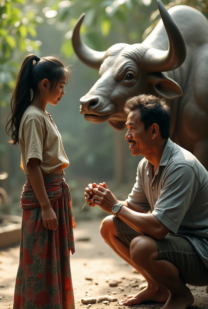 grown up tenaage girl dressed in a "sarong kebaya" went to her father who was squating, adding some finishing touches sculpting a life-sized buffalo statue. 