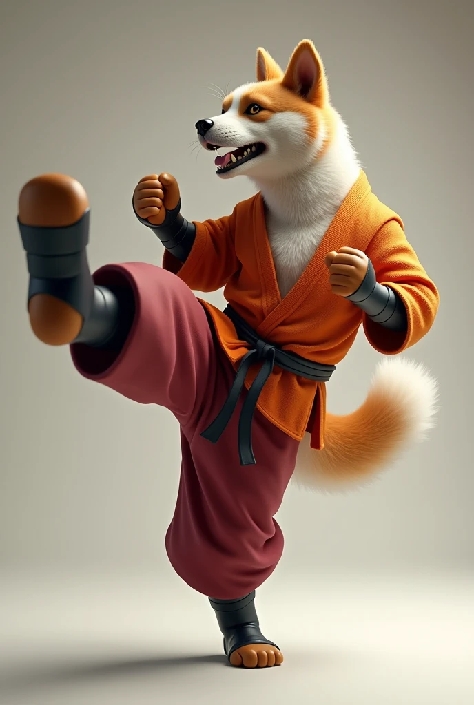 A Pungsan dog . Wearing Dark red pants, Orange sash, black gaiters. Doing a karate kick move.
