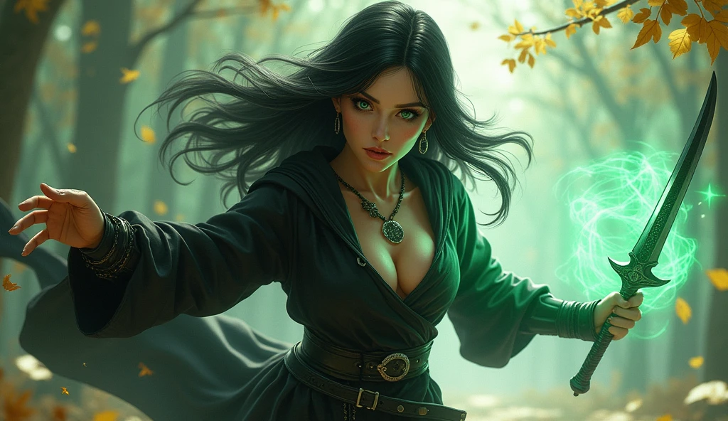 Shadowheart, the half elf from baldur's gate 3, best quality, ultra-detailed CG unity 8k wallpaper, floating, high resolution, dynamic pose, beautiful face, (green eyes:1.2, black hair:1.3, black robes, cleavage), depth of field, white forest, golden leaves, magic light), holding a dark grey dagger in her right hand, casting black and dark green magic with her left hand