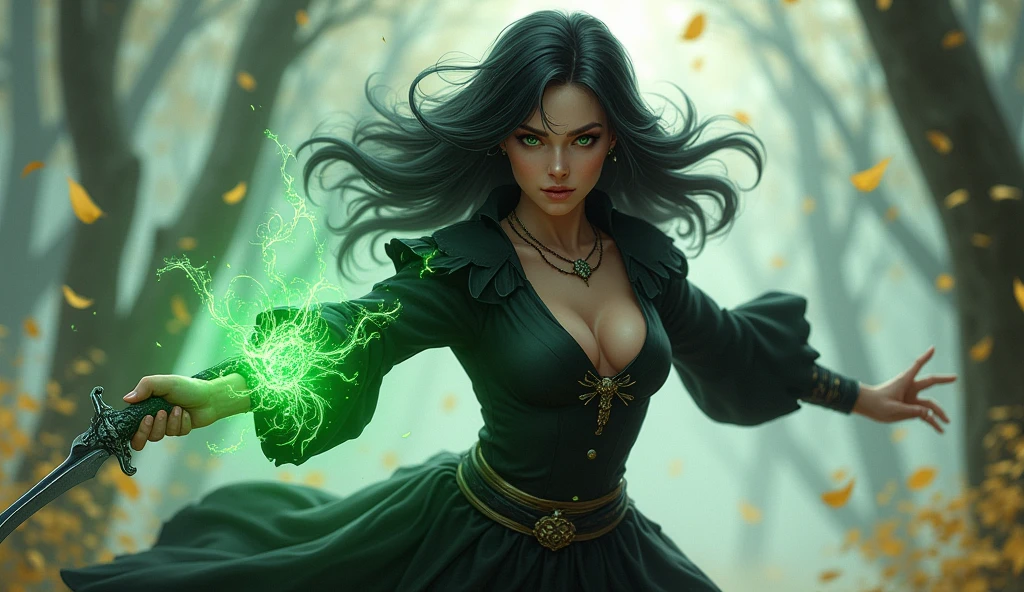 Shadowheart, the half elf from baldur's gate 3, best quality, ultra-detailed CG unity 8k wallpaper, floating, high resolution, dynamic pose, beautiful face, (green eyes:1.2, black hair:1.3, black robes, cleavage), depth of field, white forest, golden leaves, magic light), holding a dark grey dagger in her right hand, casting black and dark green magic with her left hand