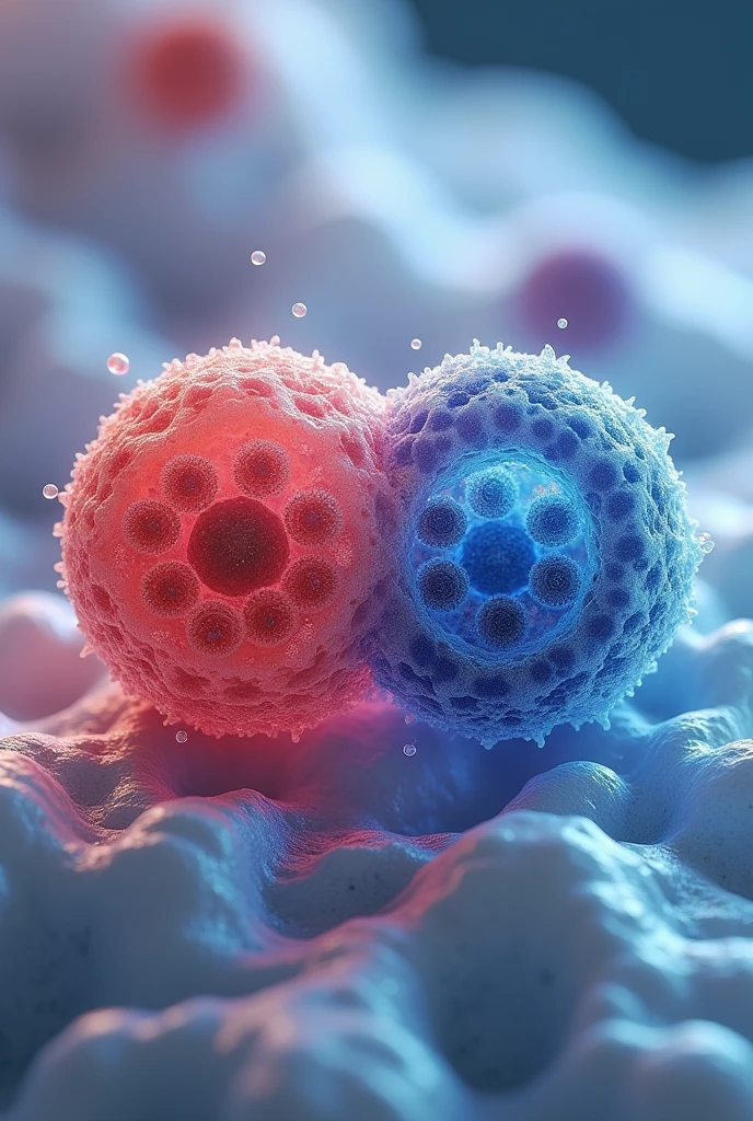 Make me a model where a cancer cell and a healthy one can be seen 