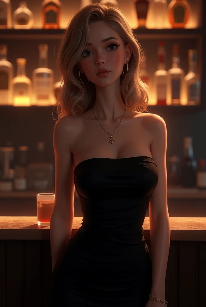 White girl with blondish brown hair thrown to the side, wearing a black strapless dress at a bar 