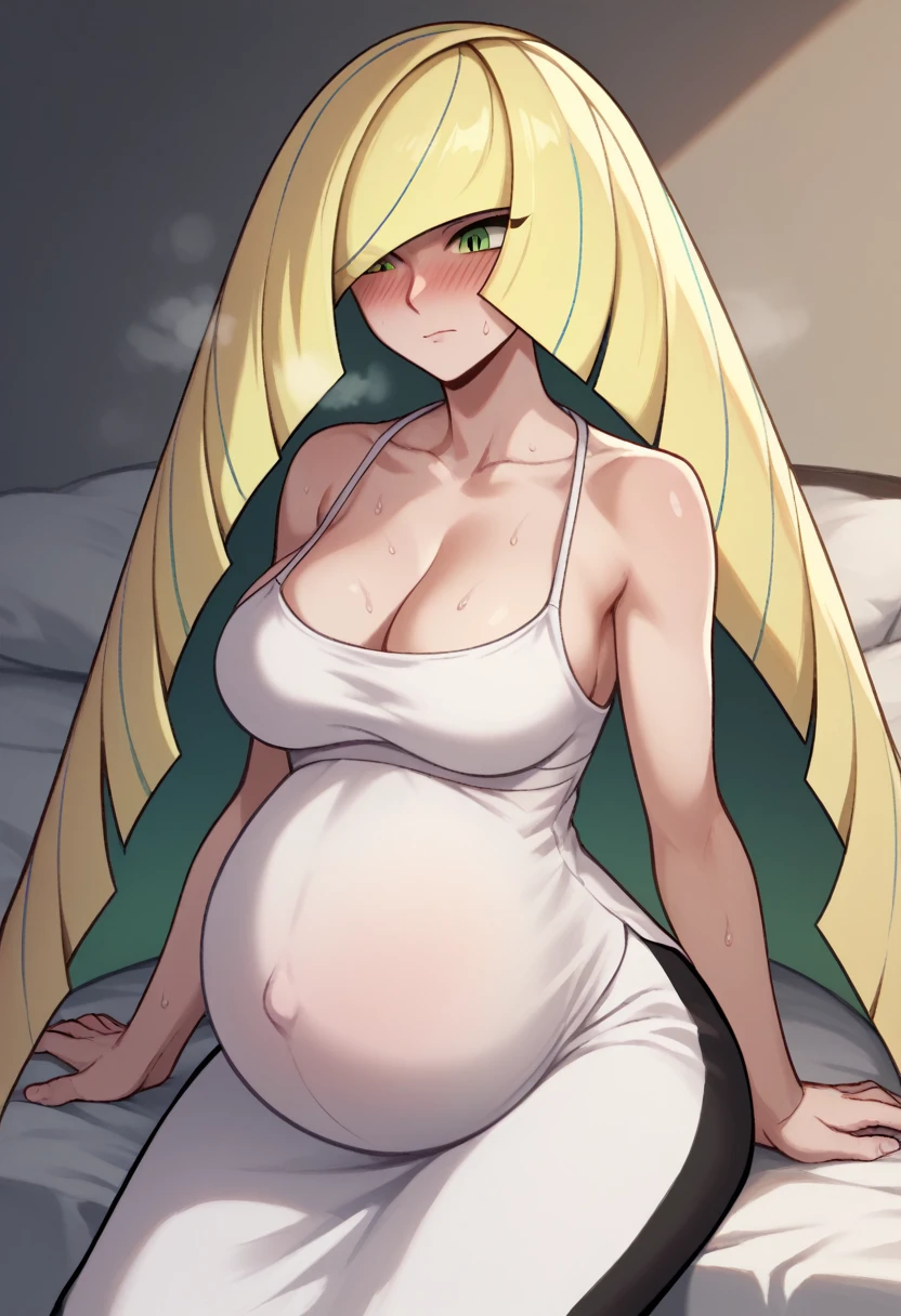 Larger breasts、Cleavage、blush、Sweat、In the heat、pokemonlusamine, blonde hair, green eyes, hair over one eye, long hair, multicolored hair, streaked hair, very long hair,、(The whole body is visible)、(white camisole dress)、Troubled face、Closed eyes、Are standing、Pregnant women:0.5、Sit on the bed、
{Highest quality}, {so beautiful}, {Very detailed}, {Best illustrations},