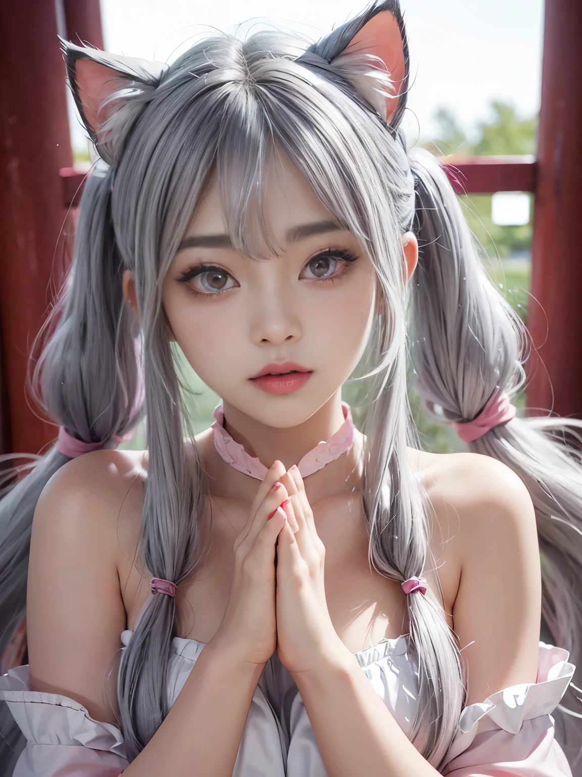 Shrine silky twin tails gray hair super shiny detailed pink eyes big eyes sparkle(in the eyes) Staring Intently plump lips pink lips Cat ear white skin praying hands pinkkimono
