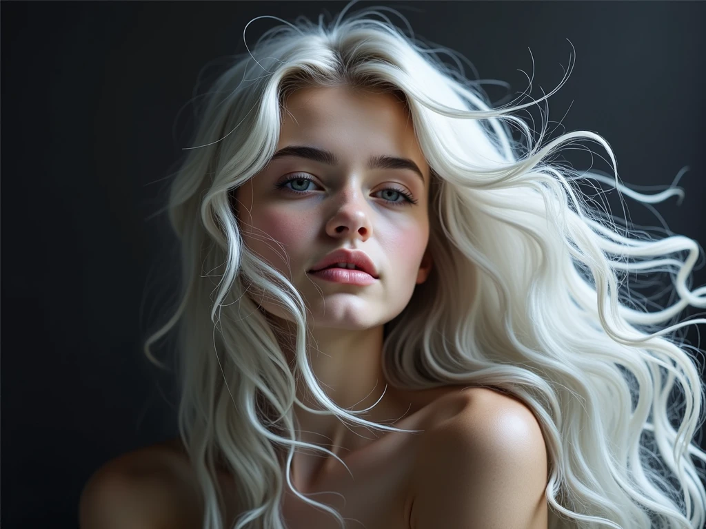 bright diffuse lighting on hair, bokeh background, white colored brows and eye lashes, one facial feature slurs into the next, firm and milky lips, silky iridescent hair, softer younger facial features, less ridges, teen girl, 