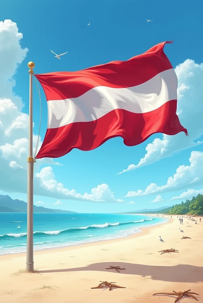 A red and white flag fluttering on the beach