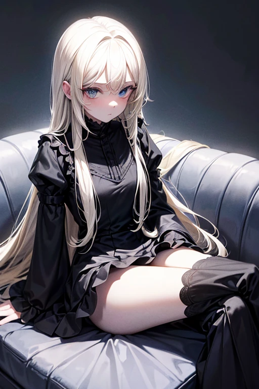 Ball-jointed doll girl, black dress, expressionless, white-blonde hair, long hair, blue eyes, empty, sitting on a sofa, medieval, dark mansion, white skin