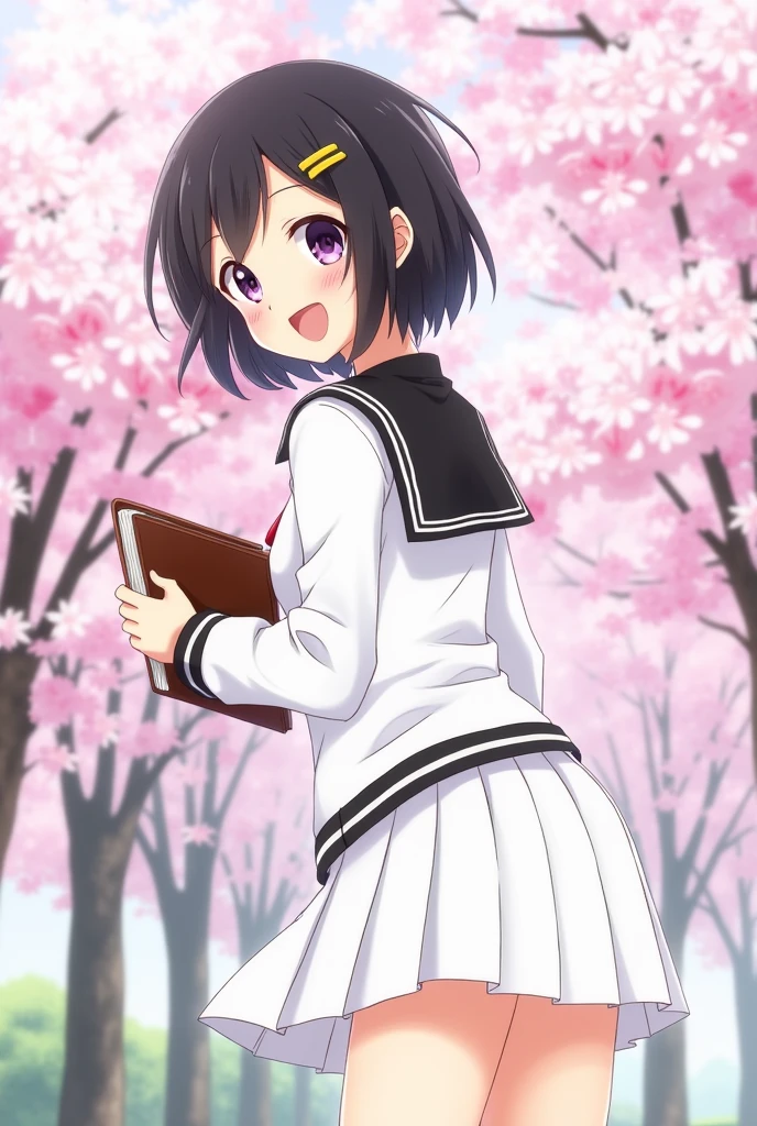 score_9, score_8_up, score_7_up, score_6_up, score_5_up, score_4_up, source_anime, aatomoyo, medium hair, black hair, hair clip, parted bangs, purple eyes, small breasts, serafuku, white sailor collar, white scarf, black shirt, long sleeves, pleated skirt, white skirt, with book in hands, from behind, leaning forward, standing, outdoors, cherry blossoms, smile, from behind, showing butt, looking at viewer