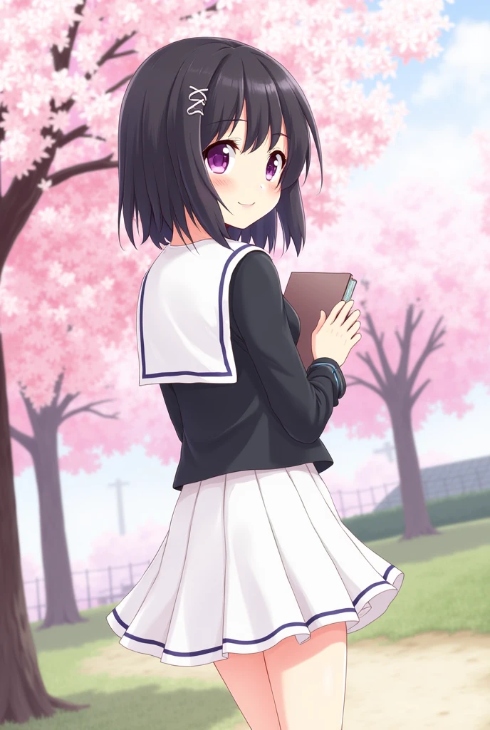 score_9, score_8_up, score_7_up, score_6_up, score_5_up, score_4_up, source_anime, aatomoyo, medium hair, black hair, hair clip, parted bangs, purple eyes, small breasts, serafuku, white sailor collar, white scarf, black shirt, long sleeves, pleated skirt, white skirt, with book in hands, from behind, leaning forward, standing, outdoors, cherry blossoms, smile, from behind, showing butt, looking at viewer