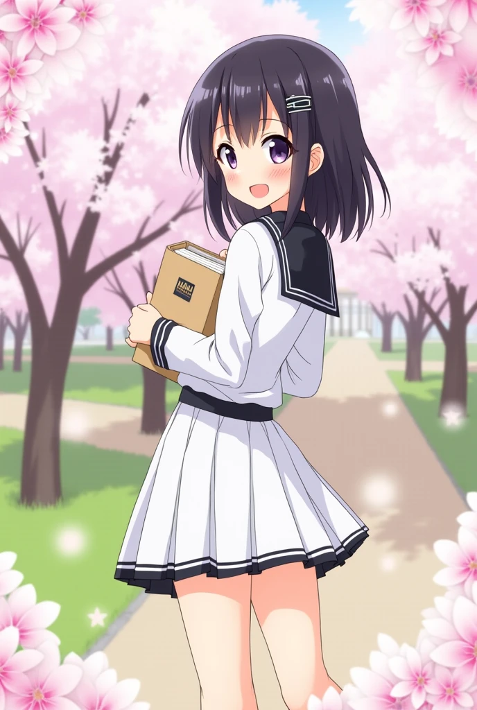 score_9, score_8_up, score_7_up, score_6_up, score_5_up, score_4_up, source_anime, aatomoyo, medium hair, black hair, hair clip, parted bangs, purple eyes, small breasts, serafuku, white sailor collar, white scarf, black shirt, long sleeves, pleated skirt, white skirt, with book in hands, from behind, leaning forward, standing, outdoors, cherry blossoms, smile, from behind, showing butt, looking at viewer