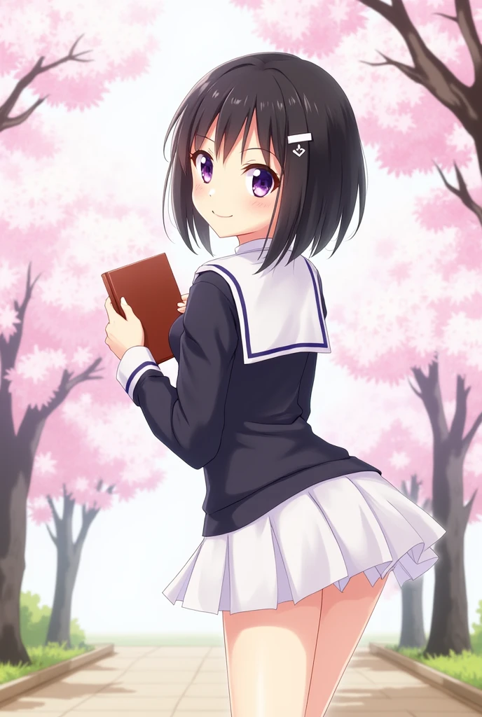 score_9, score_8_up, score_7_up, score_6_up, score_5_up, score_4_up, source_anime, aatomoyo, medium hair, black hair, hair clip, parted bangs, purple eyes, small breasts, serafuku, white sailor collar, white scarf, black shirt, long sleeves, pleated skirt, white skirt, with book in hands, from behind, leaning forward, standing, outdoors, cherry blossoms, smile, from behind, showing butt, looking at viewer