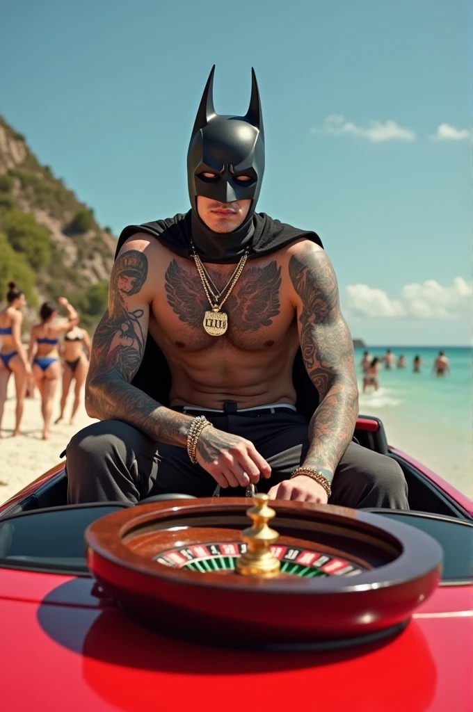 Tattooed man with Batman mask,with gold chain, Rolex, , rollet him on top of a red Lamborghini, with a small roulette on top of the car, on a beach full of women