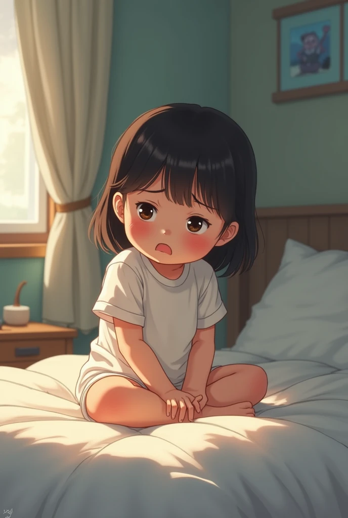 a girl sitting in bed wetting her pants