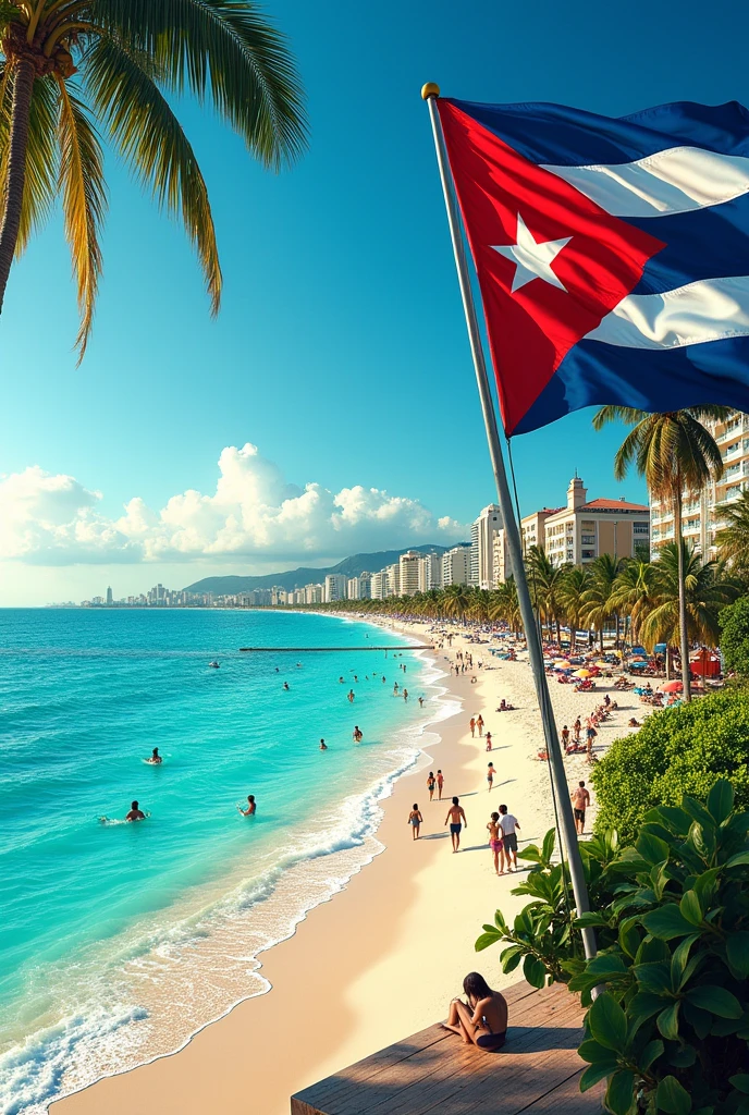 Take a picture showing the Caribbean beaches of Cuba plus what stands out the most in the country and the flag in the background. It is better if it is a beach next to a city or Havana. The photo should be horizontal and show a lot of Cuba.