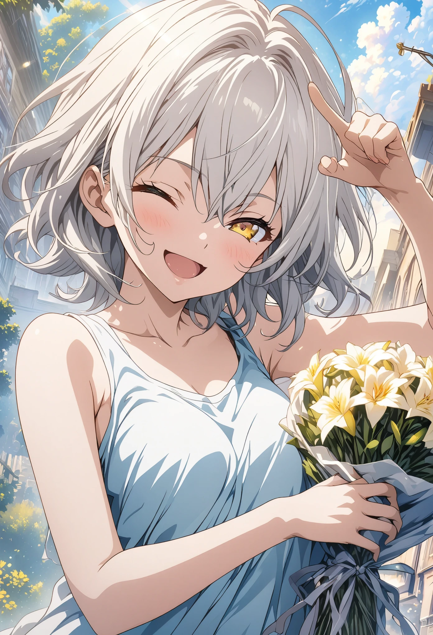masterpiece, Highest quality, Highly detailed CG Unity 8K wallpapers, High School Girl Anime Illustration. Wear an oversized tank top、Holding a bouquet、Gun Pose、she has her eyes closed and mouth open, smile. The background is a light pastel colored landscape......, white hair color, Yellow Eyes