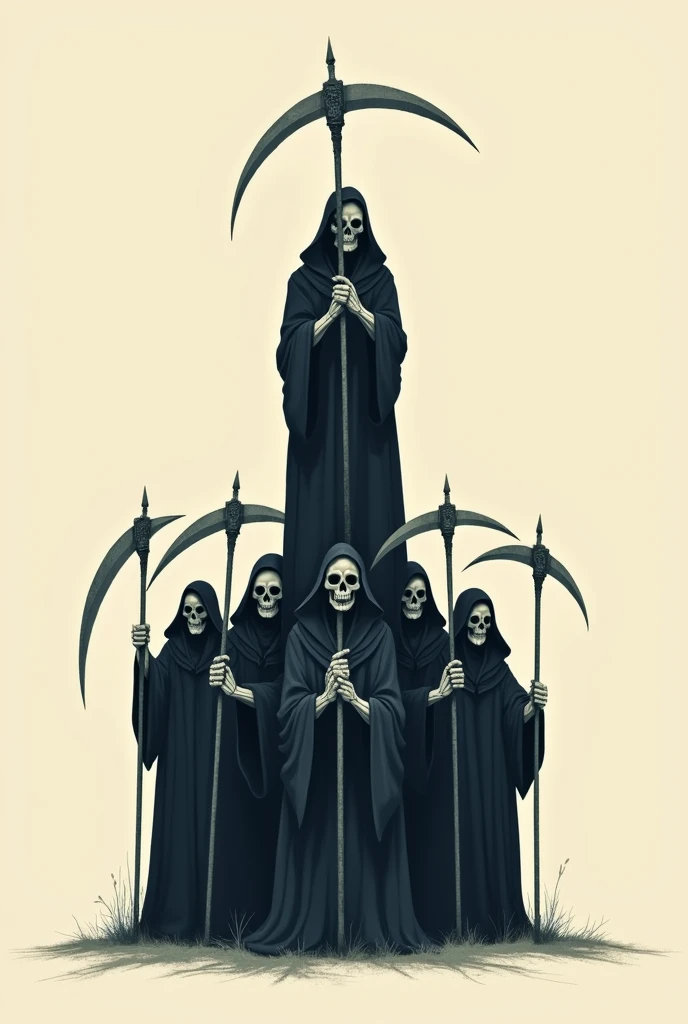 Eight reapers in 2D mode without background, each one stacking a sickle