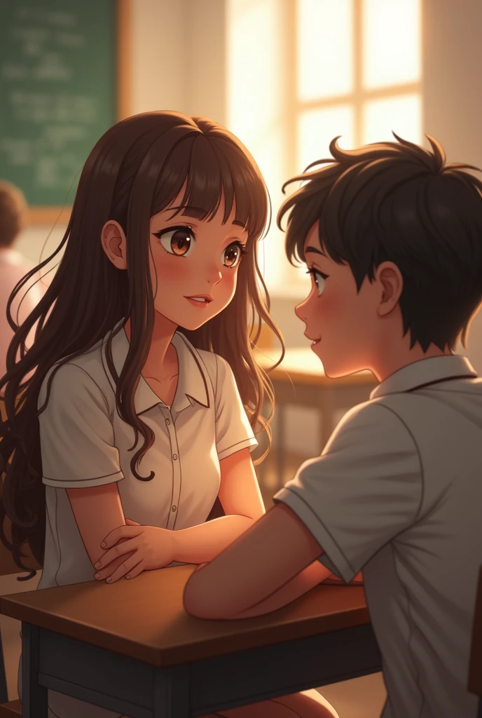 A pretty girl sitting on the chair in front row ahead of a boy on the right side , boy has crush on that girl , he is looking towards her , placing his head on underlying forearms