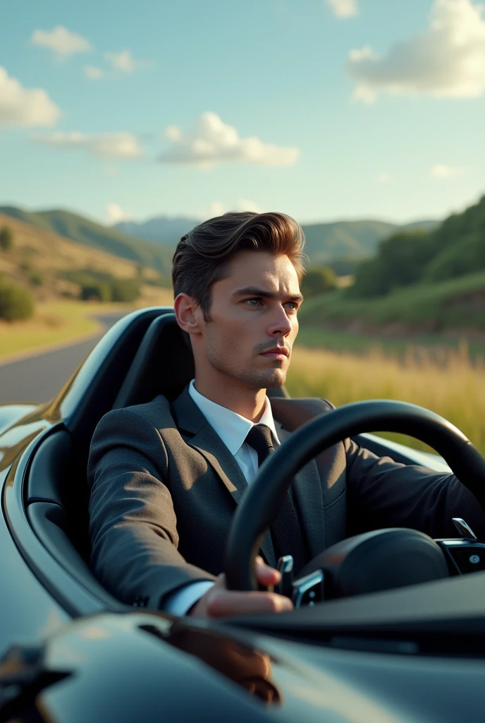 Create an image of a young man driving a luxury car , with an expression of priority and greatness