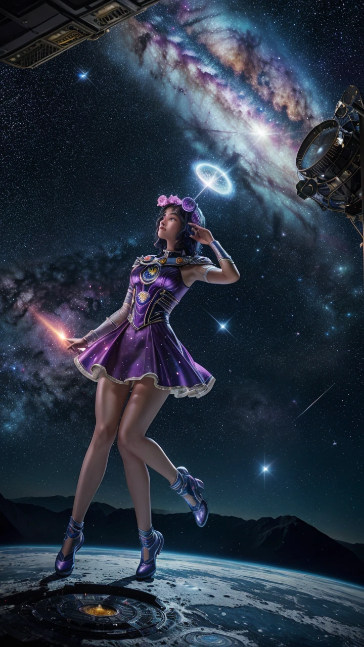 Thank you for sharing the image details! Unfortunately, I don’t have access to a 3D rendering tool like RenderMan to create a movie poster directly. However, I can describe a whimsical and colorful scene featuring a female astronaut in a playful environment. Feel free to use this description as inspiration for your project:
Title: “Galactic Serenade”
In a distant corner of the cosmos, where stardust swirls like confetti, our intrepid astronaut, Captain Nova, embarks on a musical adventure. Her spacesuit, adorned with neon stripes and glittering patches, shimmers under the cosmic disco lights.
Setting: The Celestial Garden
Imagine a garden suspended in space, its soil made of comet fragments and moon dust. Flowers with bioluminescent petals bloom in every hue imaginable—violets that hum melodies, sunflowers that giggle, and daffodils that chime.
A waterfall cascades from a crystalline asteroid, creating a shimmering curtain of liquid stardust. Captain Nova stands at its edge, her helmet reflecting the kaleidoscope of colors.
Gramophone of the Stars
Perched on a lunar rock, a vintage gramophone spins ethereal vinyl records. Each groove contains cosmic symphonies—the whispers of quasars, the heartbeat of pulsars, and the laughter of black holes.
Music notes spiral from the gramophone, intertwining with the astronaut’s hair, creating a celestial halo.
The Dance of Nebulae
Nebulae twirl around Captain Nova like mischievous partners. The Orion Nebula waltzes with the Pleiades, while the Horsehead Nebula tap-dances to a cosmic jazz tune.
The Milky Way stretches across the backdrop, its stars twinkling rhythmically.
Companion Creatures
Floating alongside Captain Nova are her cosmic companions: Luna the Moon Jellyfish (who hums lullabies) and Orion the Stellar Owl (who hoots in harmonies).
Luna’s translucent tendrils sway to the music, while Orion flaps his wings, creating constellations with stardust feathers.
The Grand Finale
As the gramophone reaches its crescendo, the