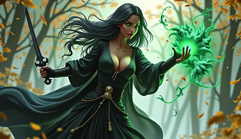 Shadowheart, the half elf from baldur's gate 3, best quality, ultra-detailed CG unity 8k wallpaper, floating, high resolution, dynamic pose, beautiful face, (green eyes:1.2, black hair:1.3, black robes, cleavage), depth of field, white forest, golden leaves, magic light), holding a dark grey dagger in her right hand, casting black and dark green magic with her left hand