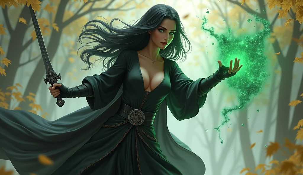 Shadowheart, the half elf from baldur's gate 3, best quality, ultra-detailed CG unity 8k wallpaper, floating, high resolution, dynamic pose, beautiful face, (green eyes:1.2, black hair:1.3, black robes, cleavage), depth of field, white forest, golden leaves, magic light), holding a dark grey dagger in her right hand, casting black and dark green magic with her left hand