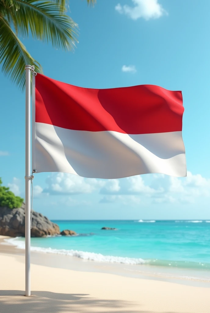 The red and white Indonesian flag flying on the beach