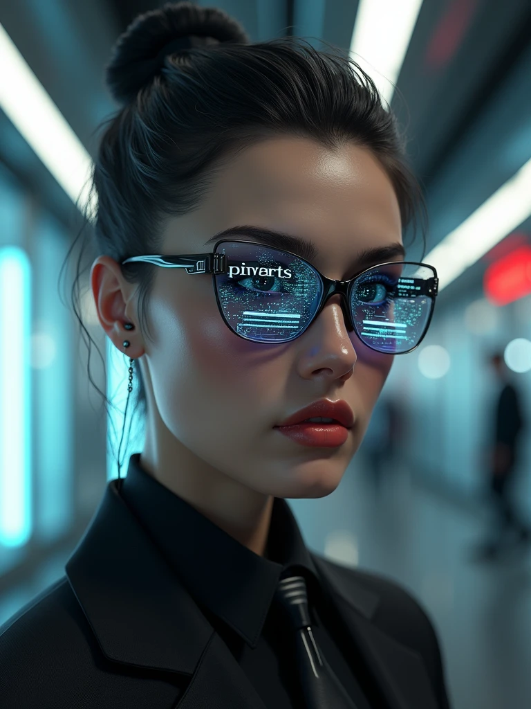 An elegant man wearing futuristic cyber glasses., portrait photography, hyperrealistic digital art, cinematic lighting, Close-up focusing on the detailed face and glossy lips., cyber-punk aesthetic, Holographic data display on glasses with visible text 'PIVARTS', 8k resolution, Photorealistic 3D rendering, shallow depth of field, dramatic shadows and lights, shiny textures, intricate details in the skin and hair, high contrast, vibrant colors, Lens flare effect, motion blur background, subtly visible cybernetic implants, Ultra-sharp focus on the eyes, Metallic shine on the glasses frame, retouched for perfection, Studio lighting setup, Captured with a high-end DSLR camera, Post-processed in advanced 3D software for greater realism and depth..