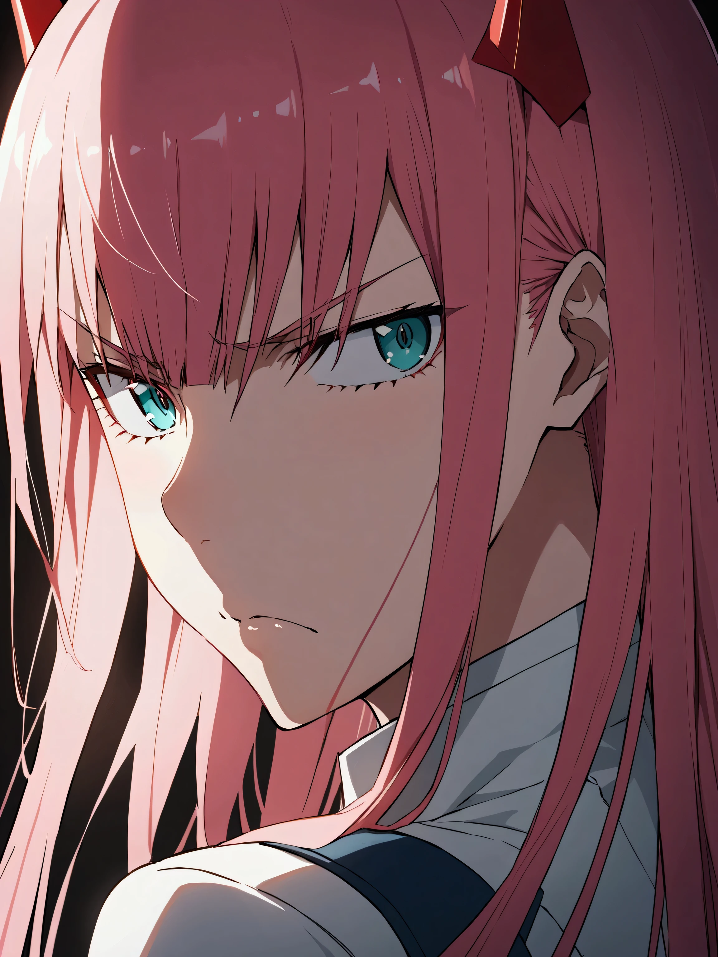 zero two from Darling in the Franxx, angry pose, head shot, aqua eyes, 