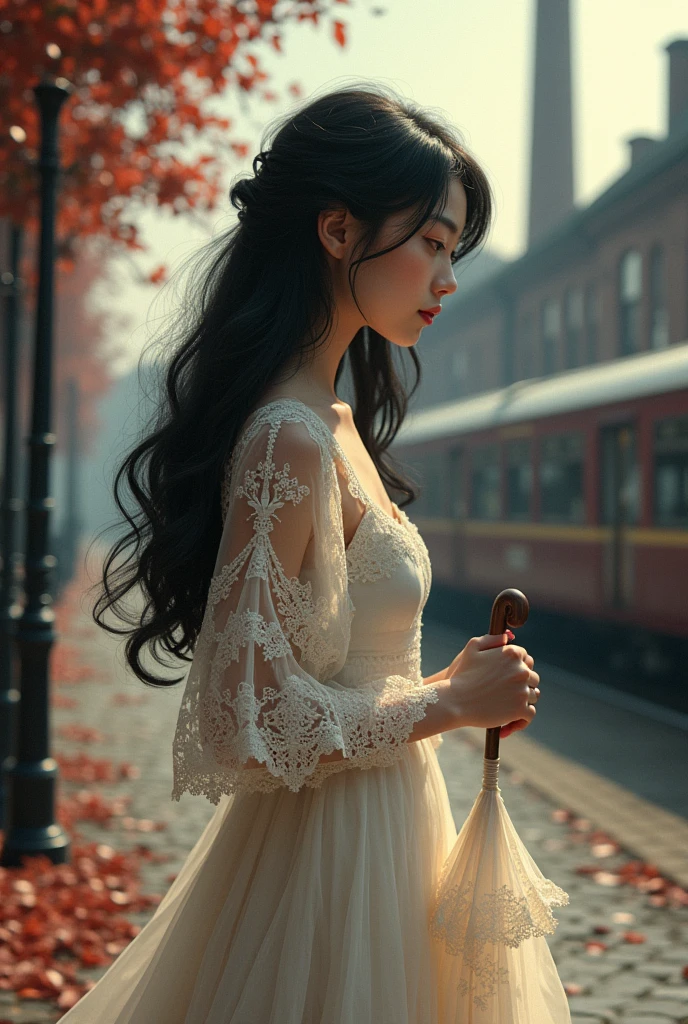  old adult girl, black hair, alone, wearing a long Dutch noni dress like flowing water, wearing beautiful lace with lace umbrella sleeves wearing shoes, while at the train station, a classic and antique heritage from England, there is a thick chimney. , while holding a lacy patterned umbrella, there are trees around him with red fallen leaves, and many are scattered on the ground or floor while smiling