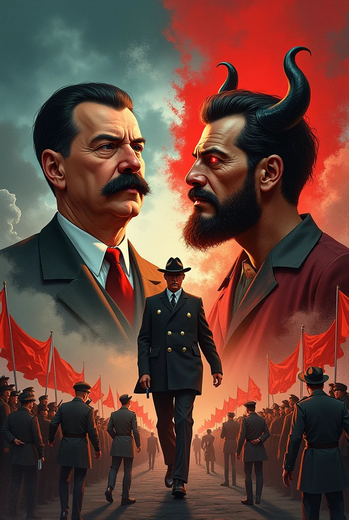 Make a propaganda of Joseph Stalin at the time of the Russian revolution against Leon Trotsky showing him with someone with devil horns, red eyes and evil and on the other side Stalin as a hero Slavador , On the contrary, they fought for the leadership of the Soviet Union.