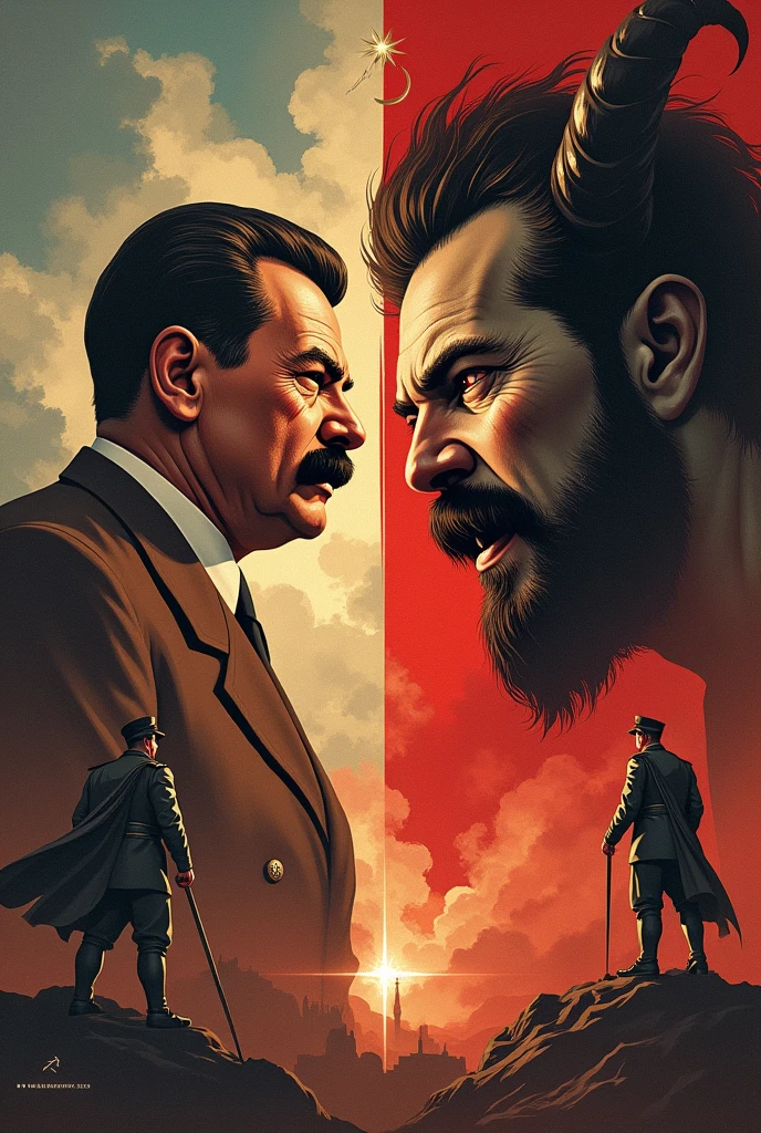 Make a propaganda of Joseph Stalin at the time of the Russian revolution against Leon Trotsky showing him with someone with devil horns, red eyes and evil and on the other side Stalin as a hero Slavador , On the contrary, they fought for the leadership of the Soviet Union.