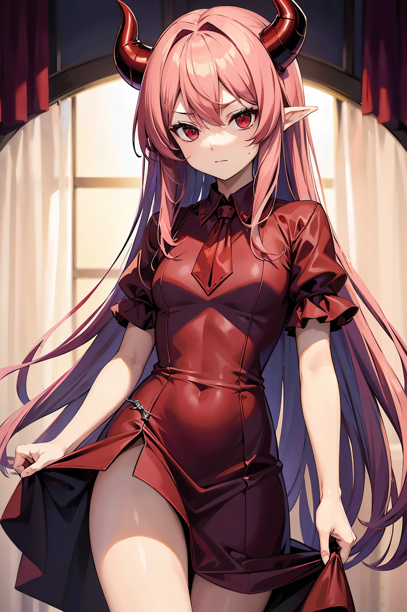 Remilia Scarlet、 hair,Red eyes,long hair,demon horns,his suit,Girl body type,There he is.,There was a little blood on the body.,8K short sleeve dress style shirt