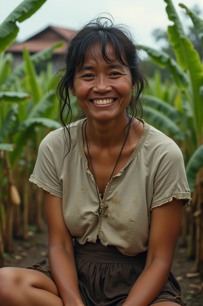 an Indonesian woman,tangled hair,slightly fat body,torn clothes,short t-shirt and skirt,sitting in a banana plantation on the edge of the village,An expression of exhaustion,satisfied smile