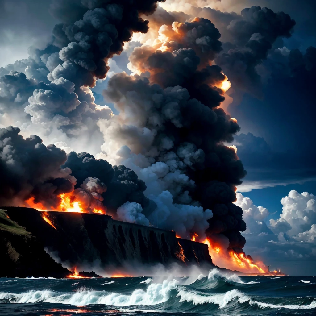 "Create a dramatic image of a burning airplane plummeting from the sky into the ocean. The scene should capture the intense flames engulfing the aircraft as it descends rapidly, leaving a trail of smoke in its wake. The sky is dark and stormy, with ominous clouds adding to the chaos. Below, the ocean is turbulent, with crashing waves ready to meet the falling plane. The overall atmosphere should be intense and gripping, conveying a sense of impending disaster and raw power."