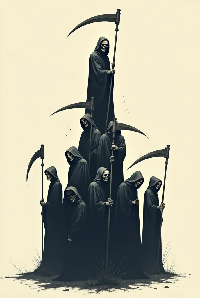 Eight reapers in 2D mode without background, each one stacking a sickle