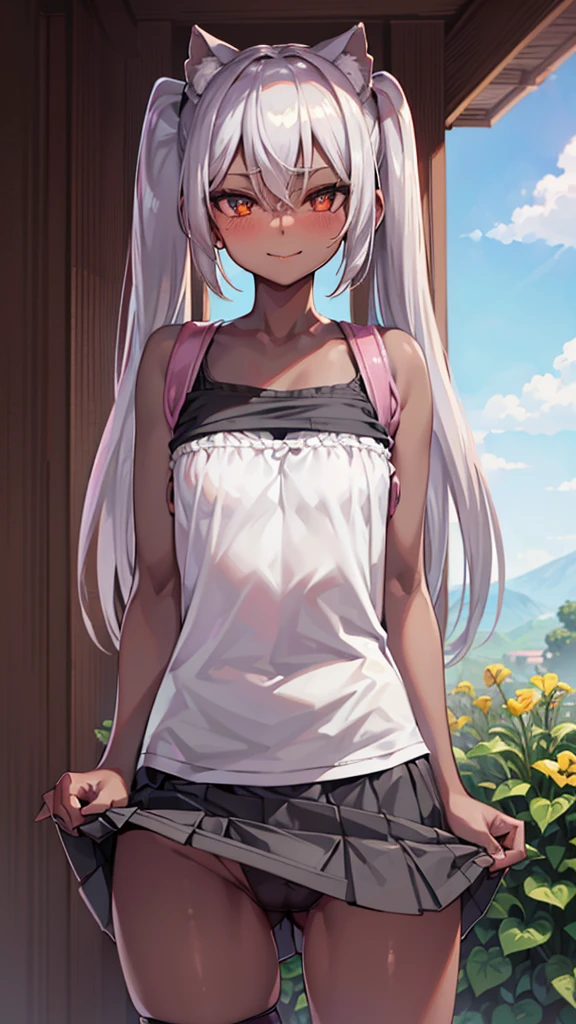 (dark skin,Silver Hair,Fox Girl),(Perfectly detailed face),(Young),twintails ,(camisole,mini skirt),(((skirt lift))), (((Black underwear))),cameltoe,carrying randoseru backpack, garden,noon,sweaty,Smirk,High resolution, masterpiece, Highest quality, High resolution, Cowboy Shot
