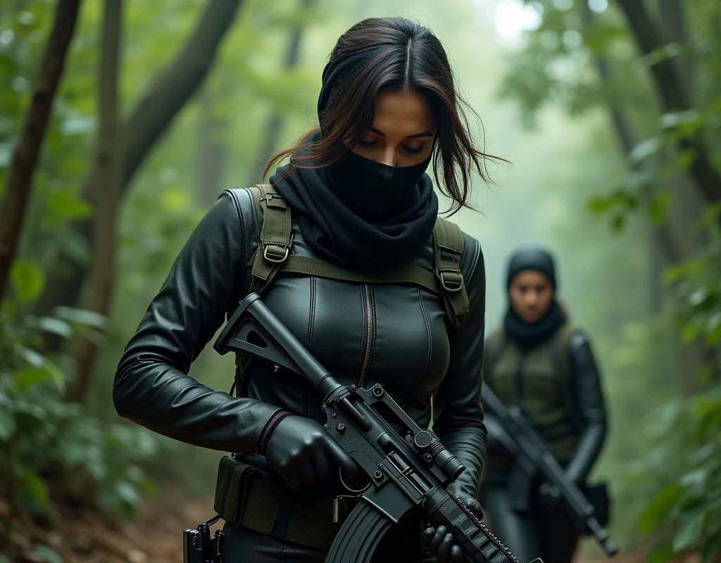 Aishwarya Rai as Russian soldier, wearing wearing leather suit, wearing full face scarf, wearing gloves, in jungle area, using silenced rifle, distant view, diagonal view, rifle down pose, two female soldiers following,