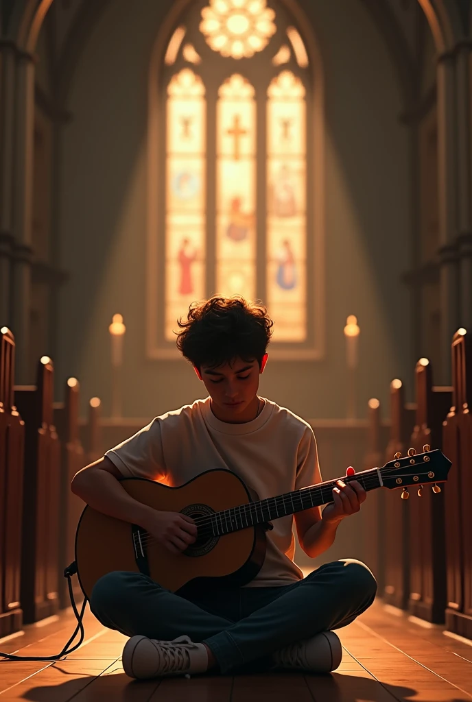 Person playing guitar in church 
