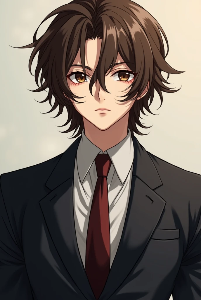 A handsome anime character with brown hair and chifuyu from Tokyo revenge with medium-long hair like juno from bungou stray dogs and a dazai-style suit