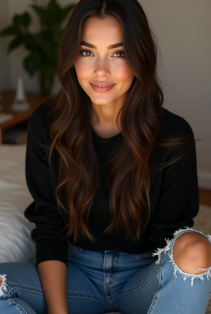 (photorealism:1.2),(alta calidad)Oval face with high, well-defined cheekbones.Hair: Long, straight, dark brown with a healthy shine, Large, dark brown eyes with an intense and elegant look, Fair complexion with a soft tan tone, Full, well-defined lips, usually made up with natural tones.Style: Black sweater, trendy blue ripped jeans.Expression: Confident and serene, with a warm but reserved smile, sitting in her room.(4k),(alta resolución).