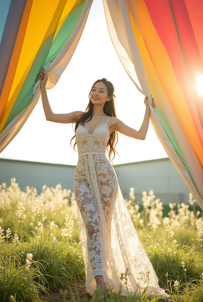 (Highest quality:1.4),(masterpiece:1.4),(Realistic:1.4),(Realistic:1.2),(超High resolution, RAW Photos:1.4),(High resolution, Very detailed:1.2),(8k:1.2),photograph,(Shot :1.3)、Korean women、brown hair photos,One Woman,alone,(In underwear),Very large breasts,((Thigh to head shot:1.3))、(((topless、You can see her  from the side.)))、((Toothy smile))、((Very :1.4))、Realistic skin textures、Slightly freckled、Slender figure、Realistic skin textures、((background,Concrete wall:1.3)),(topless,The  is visible from the side:1.6),(Long lace slip,White)、3 woman、The angle at which the  is not visible、((Updo long hairstyle))、((Black,Long lace slip:1.4))、Correct toes、Detailed facial features、Long slip covers the  and soles of the feet、Long slip covers your 、