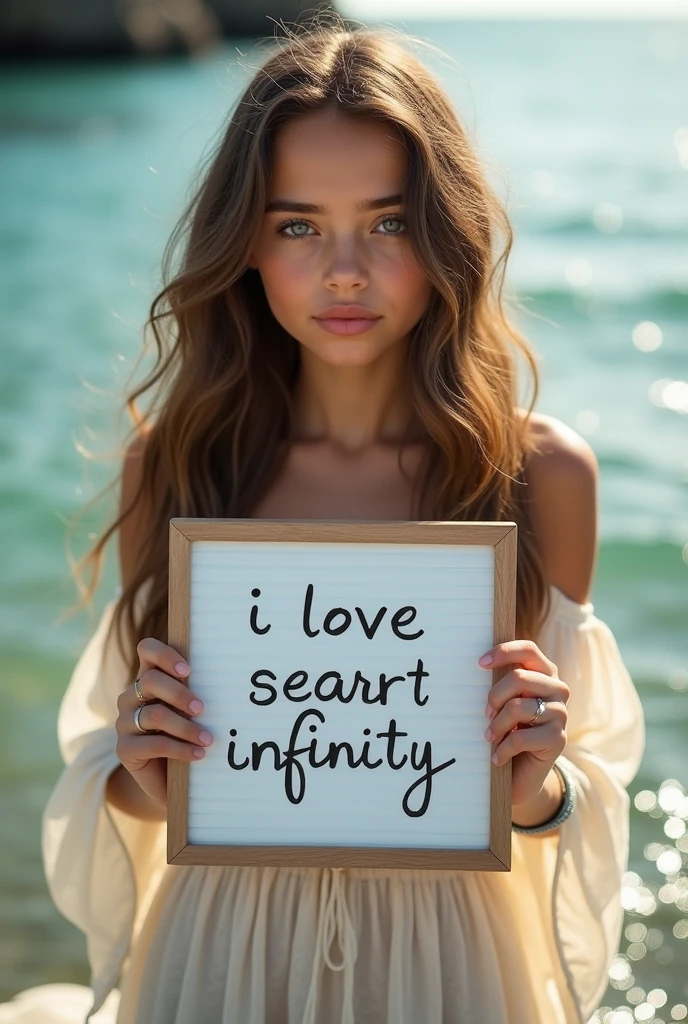Beautiful girl with wavy long hair, bohemian dress, holding a white board with text "I Love Seaart Infinity" and showing it to the viewer