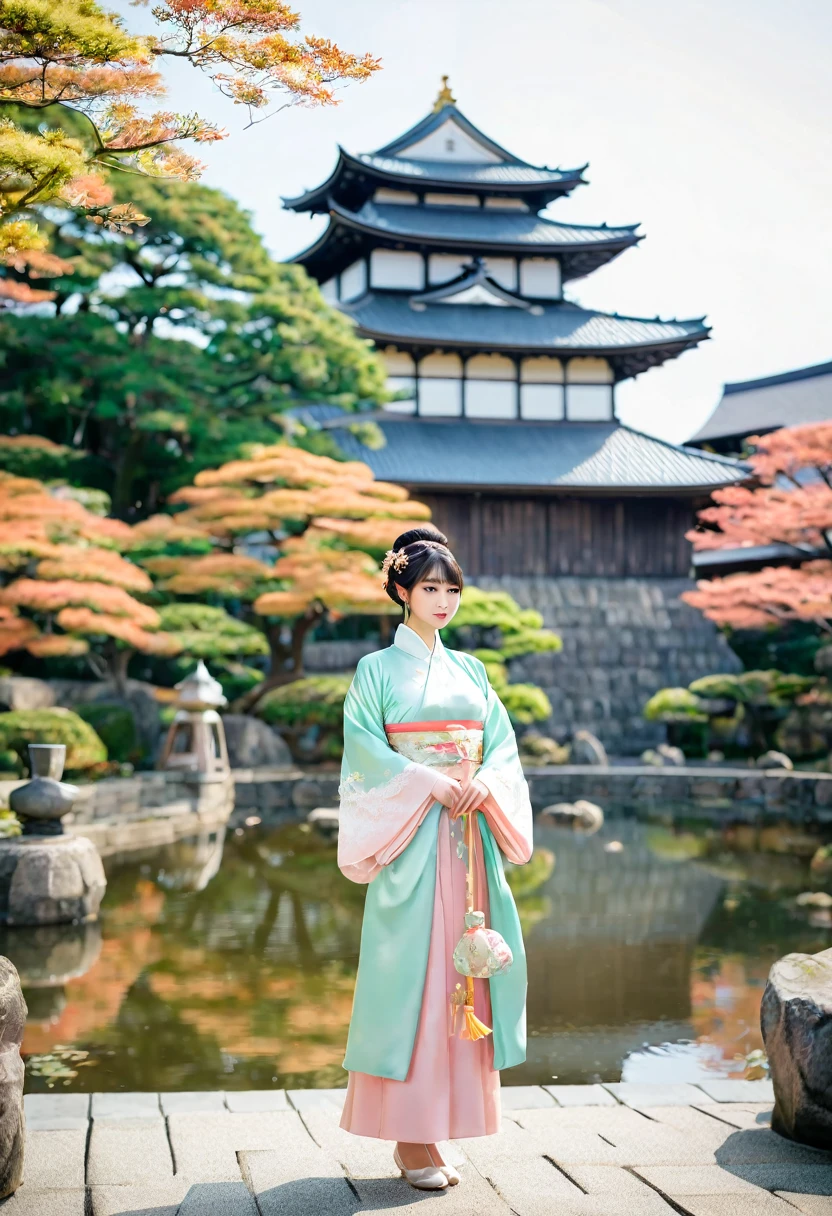 face and thigh), 1girl, (picture of a person wearing a modern hanfu), "with a fusion of traditional Chinese elements and contemporary fashion", (Hanfu costume), (Hanfu dress), in pastel colors, made of silk and lace, large breasts, mole, blurry backgroundGarden in Kanazawa with its famous stone lantern and tranquil ponds. In the background, the imposing Kanazawa Castle rises above the trees, and nearby, a traditional tea ceremony is taking place in a historic teahouse.